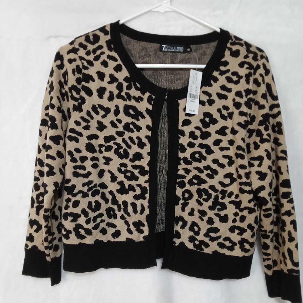 New York & Company 7th Avenue Leopard Print Open Front Cardigan Tan Black Small